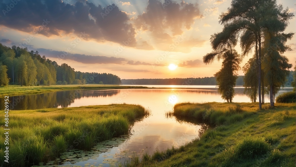 Forest landscape overlooking the river and a beautiful sunset