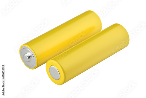 Two yellow AA size batteries on transparent background