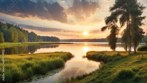 Forest landscape overlooking the river and a beautiful sunset © August