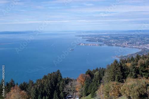 View of Lake Constance and the mountain slope from Mount Pfaender in Bregenz