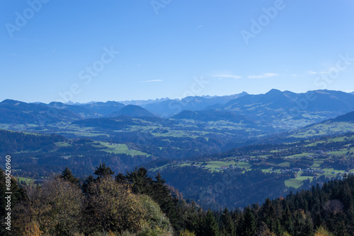 Beautiful green Alp mountains and hills from Pfaender Mountain in Bregenz photo