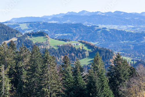 Beautiful green Alp mountains and hills from Pfaender Mountain in Bregenz photo
