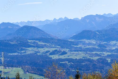 Beautiful green Alp mountains and hills from Pfaender Mountain in Bregenz photo