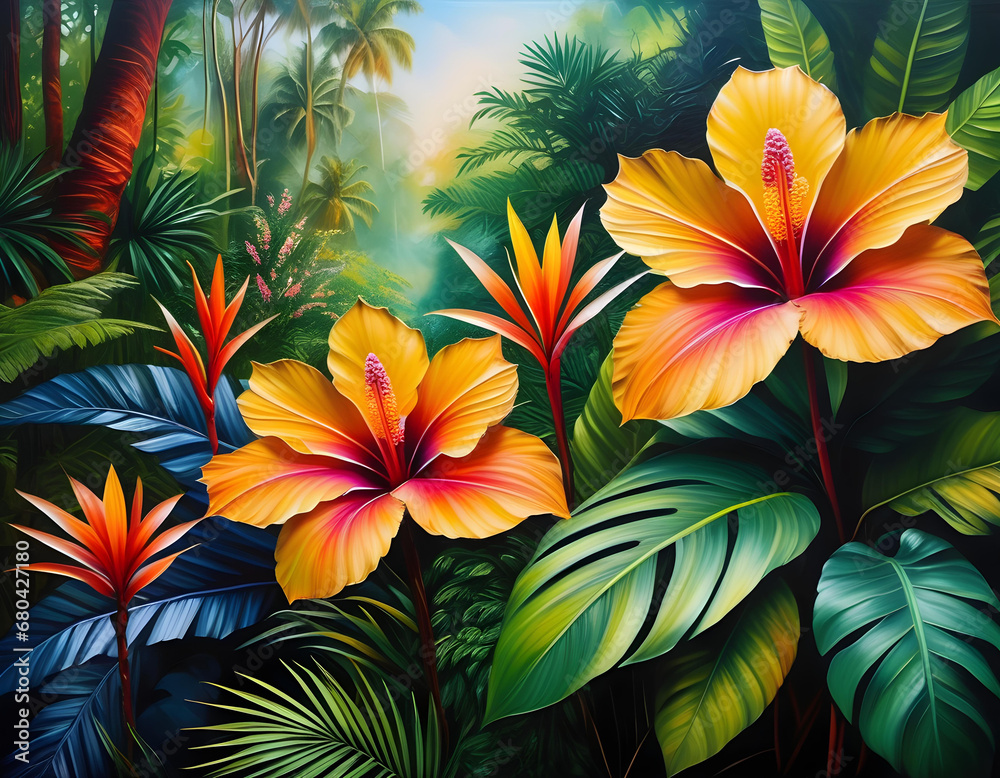 art illustration of tropical jungle plants and blossoms. generative ai