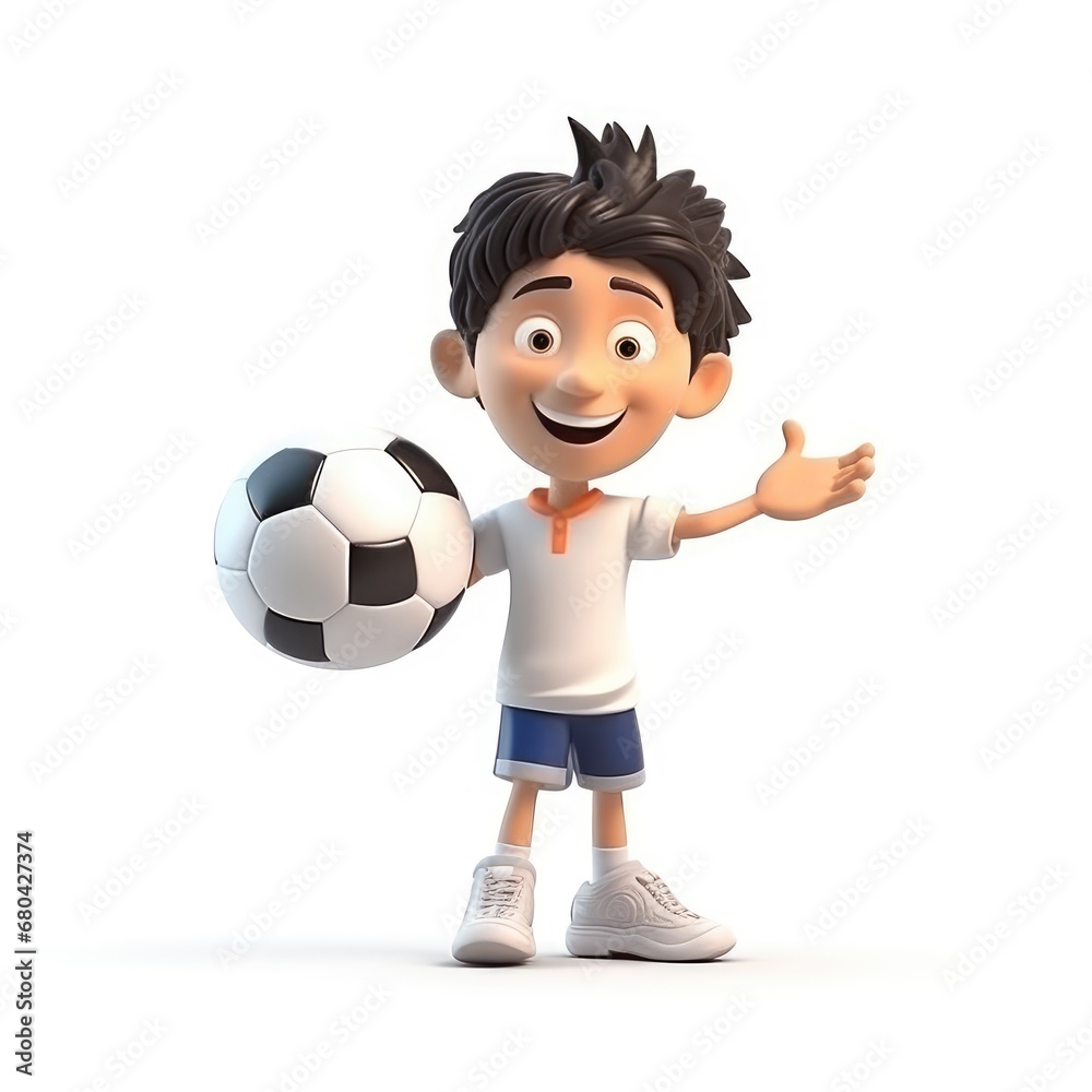 Cartoon boy with soccer ball isolated on white background.