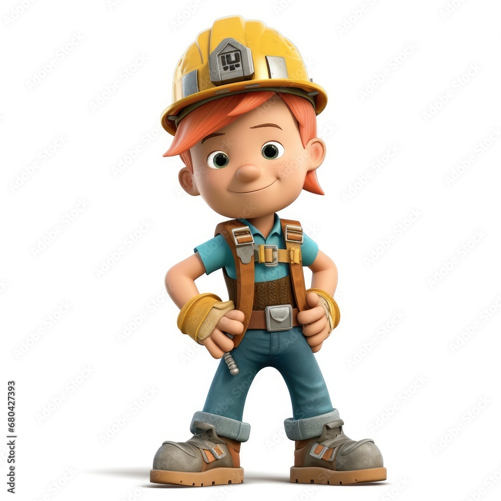 Cartoon character of builder with helmet and overalls standing on white background Cartoon character of builder with helmet and overalls standing on white background