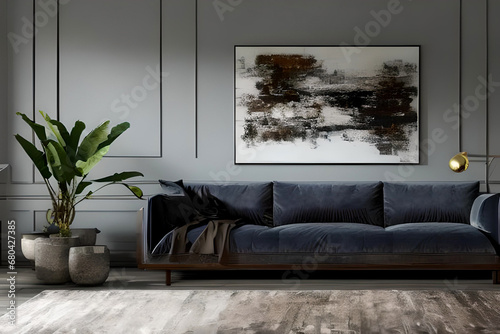 A modern living room with a sofa, table and artwork on the wall photo