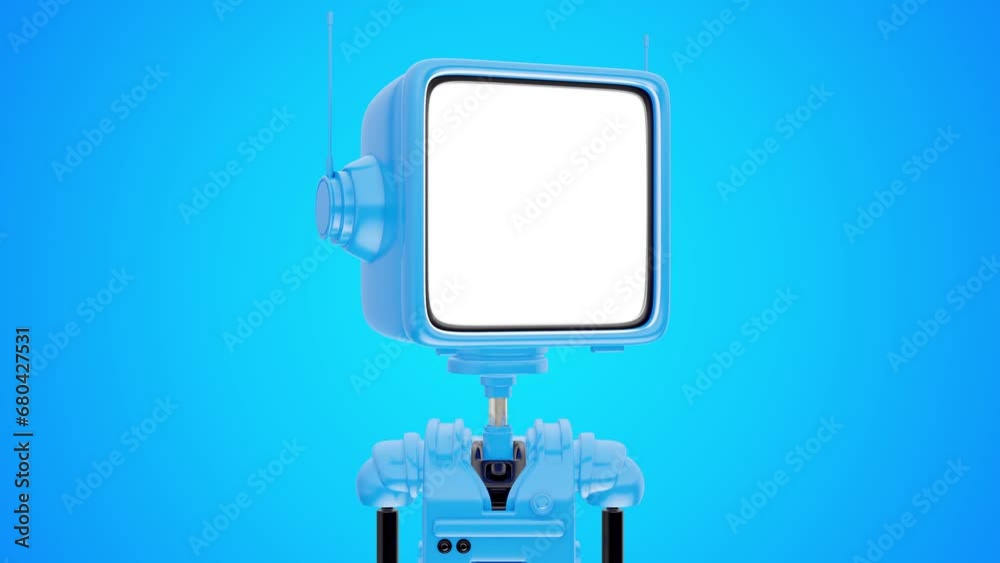 Cartoon color robot with head in shape of TV or monitor with white signal on screen. Bright fashion 3d animation. Retro futuristic character concept design. Cartoon color robot with head in shape of TV or monitor with white signal on screen. Bright fashion 3d animation. Retro futuristic character concept design.