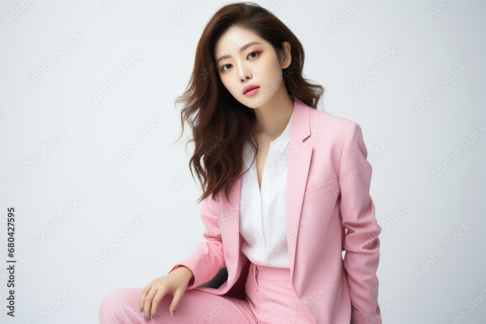 Beautiful Stylish Korean Model Posing in an Elegant Pink Suit. Generative AI. Beautiful Stylish Korean Model Posing in an Elegant Pink Suit. Generative AI.