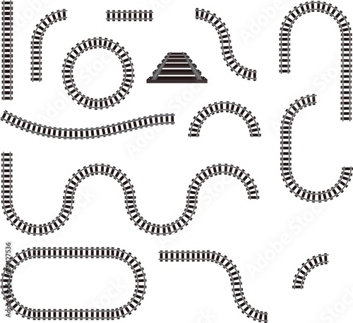 Railway road, set of various parts of the railway isolated on a white background. Vector illustration of a railway track.