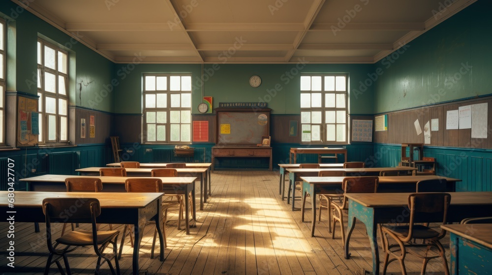 Empty classroom background. Old school room interior. Educational class with board chairs tables. Primary middle high school concept. No people students. Sunny day. Sun light indoor. While holidays. - obrazy, fototapety, plakaty 
