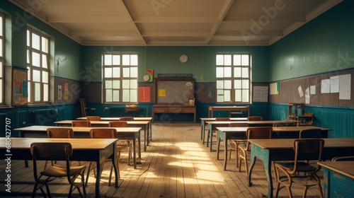 Empty classroom background. Old school room interior. Educational class with board chairs tables. Primary middle high school concept. No people students. Sunny day. Sun light indoor. While holidays. photo