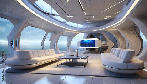  Futuristic and modern spaceship living room with advance furniture. Generative AI