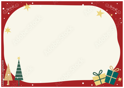 クリスマス北欧風ツリーとプレゼントの雲のフレーム赤
