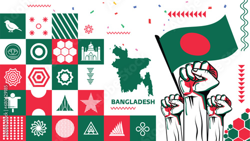 Bangladesh national day banner with Bengali flag colors theme background and geometric abstract retro modern green red design. Bangladesh Dhaka map icon. Vector Illustration. photo