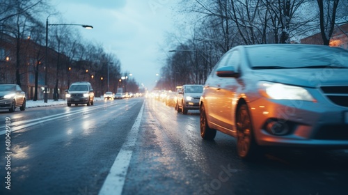 Dynamic shot of a car maneuvering in winter city traffic after snow by Generative AI © sonatik