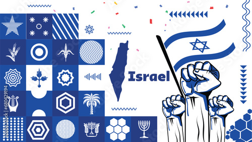 Israel national day banner for independence day anniversary. Flag of Israel and modern geometric corporate abstract design. Blue white color Israeli flag theme with grey background. War Conflict.
