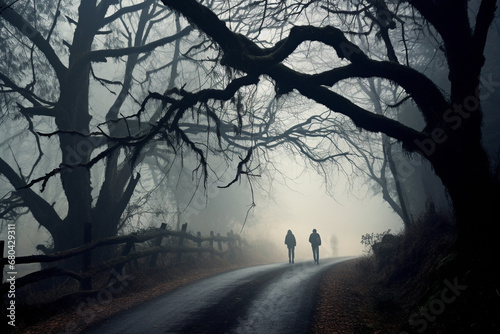 Horror, fantasy, states of mind concept. Two human silhouettes walking on empty winding road during dense fog at night. Old big without leaves tree silhouettes growing in both sides of the road