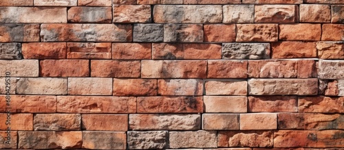 The vintage brick wall  with its textured and weathered red stones  stands tall as a testament to the timeless beauty of old construction and architecture  casting a warm hue sunlight against a