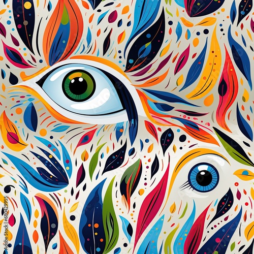 seamless pattern with multicolored looking eyes on white background