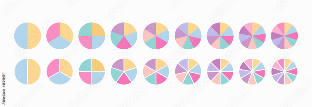 Circle chart divided into slices. Set of segments and pieces. Pie diagram. Round scheme with sectors. Circular section graph. Colorful structure with 3, 4, 6, 9 elements. Vector illustration