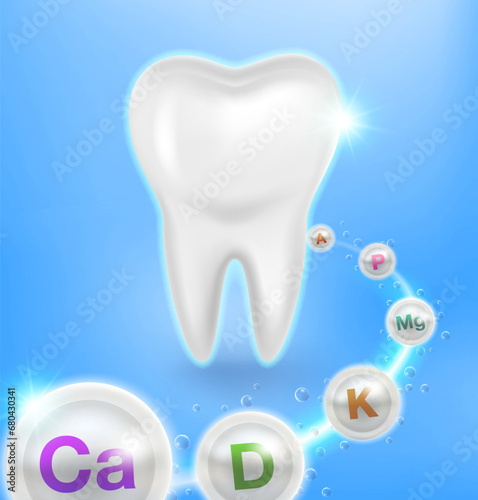 Teeth healthy strong with vitamin minerals from calcium  vitamin D  phosphorus  magnesium and fluorine. Concept of dentistry and bone strengthening. Realistic EPS file.