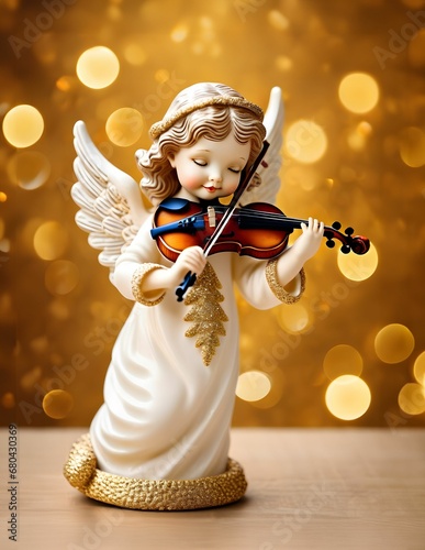 a white angel figurine playing the violin with gold bokem behind it photo