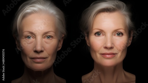 A detailed comparison image showcasing a females face before and after a facelift procedure, highlighting the rejuvenating effects and tightened skin resulting from the cosmetic surgery. photo