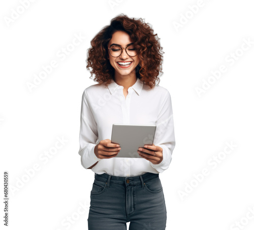 Obraz na płótnie attractive girl using tablet, png file of isolated cutout object with shadow on transparent background. w salonie