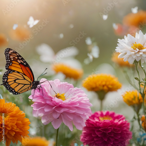 Shining sun around, how beautifully misty kheri pink flowers are blooming, butterflies are floating on the flowers, full of green nature around photo