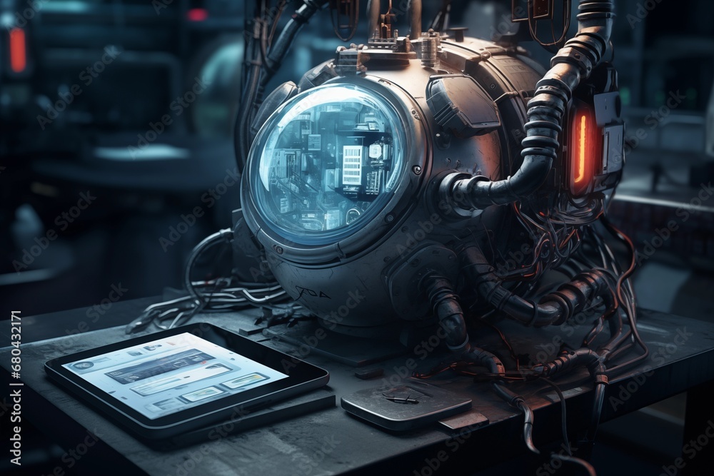 Fototapeta premium Astronaut helmet on the table with tablet. 3d rendering. Ai Generated.