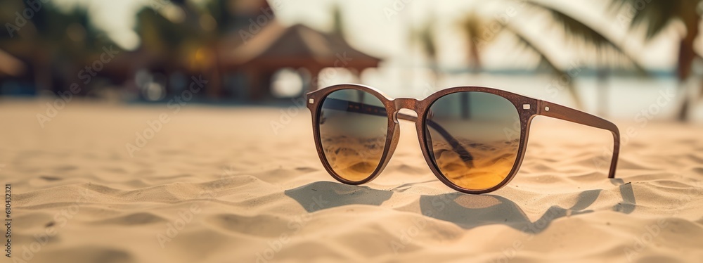 sunglasses on the beach - obrazy, fototapety, plakaty 
