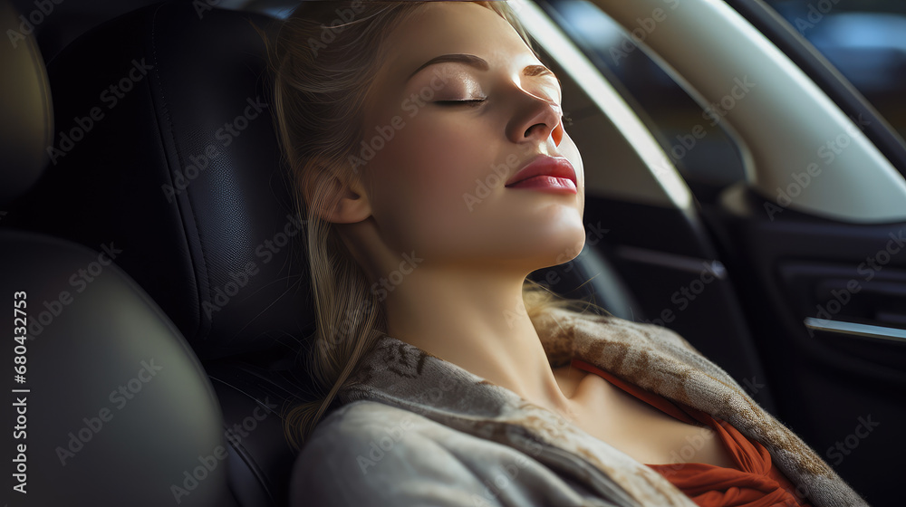 Young sleeping girl rides in the passenger seat in a business class cab. Creative concept of comfortable trips by cab or with a private driver, comfortable car for long journeys.