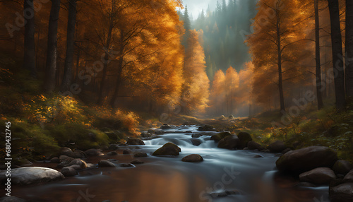 A fall forest with a stream in the middle