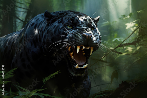 Image of black panther is angry in the forest.  Wildlife Animals.