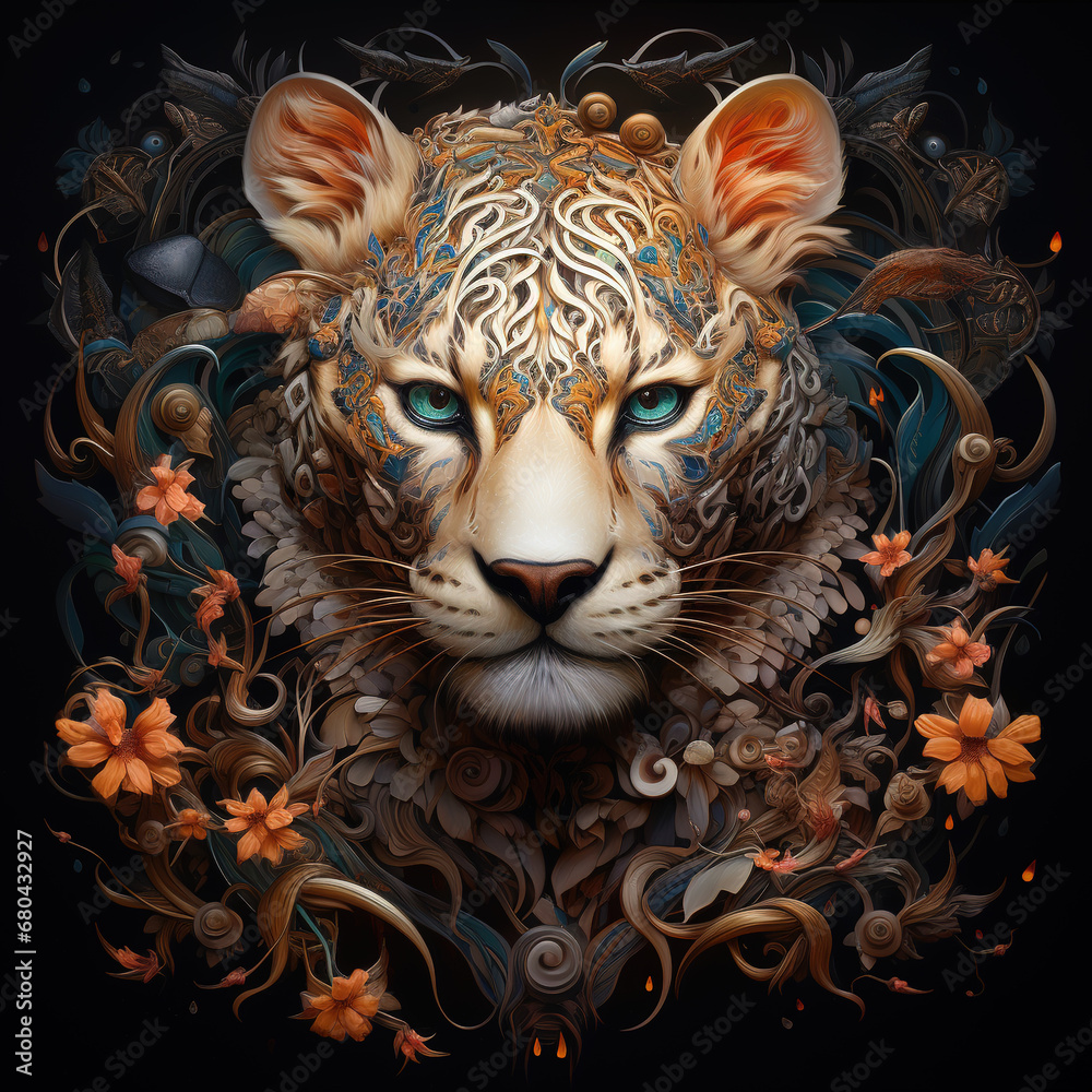 Image of fantasy of leopard head surrounded by various patterns. Wildlife Animals.