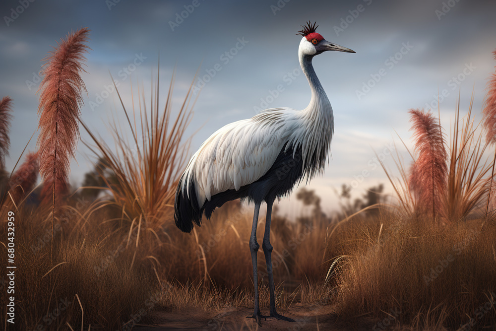 Fototapeta premium Image of red-crowned crane in wetland meadows on a natural background. Birds., Wildlife Animals.