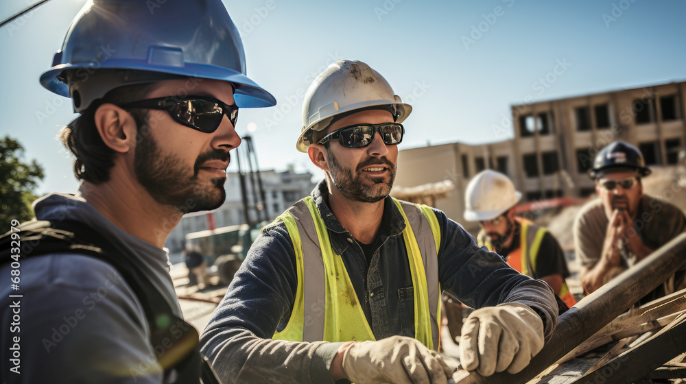 Group of happy workers in hard hats. Engineers or construction workers in helmets on a construction site. A team of construction workers for a quick repair. Group of happy workers in hard hats. Engineers or construction workers in helmets on a construction site. A team of construction workers for a quick repair.