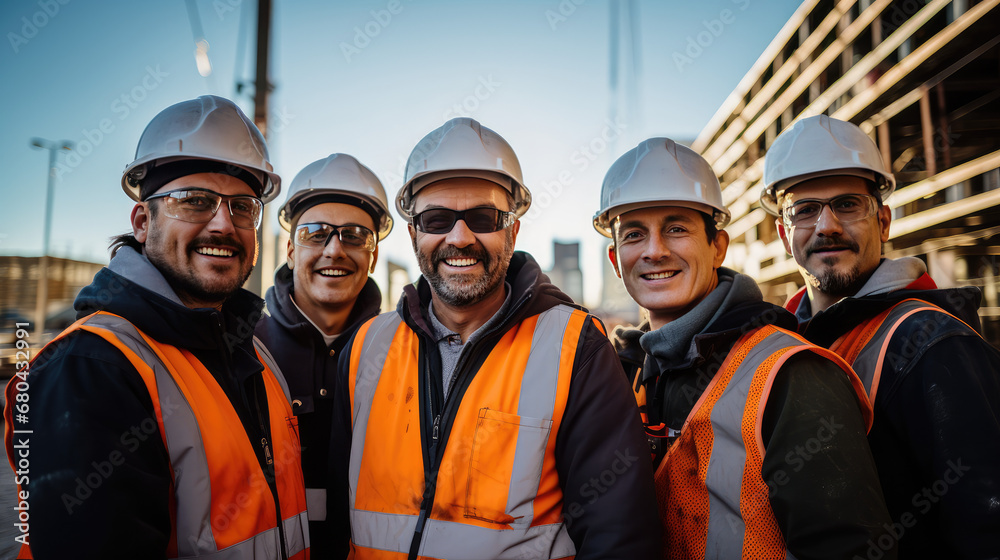 Group of happy workers in hard hats. Engineers or construction workers in helmets on a construction site. A team of construction workers for a quick repair. - obrazy, fototapety, plakaty 