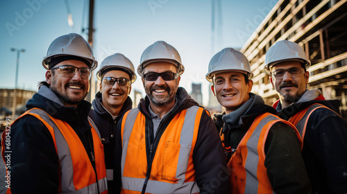 Group of happy workers in hard hats. Engineers or construction workers in helmets on a construction site. A team of construction workers for a quick repair.