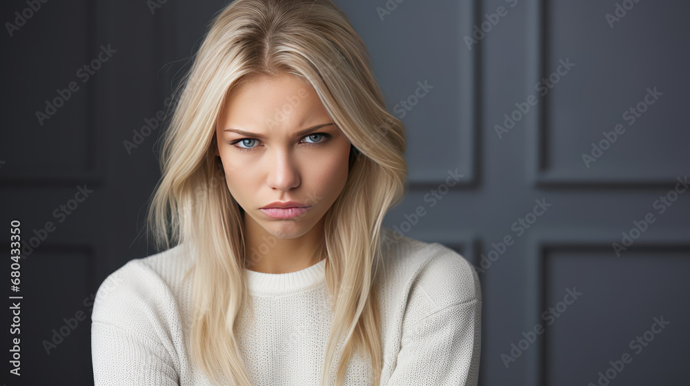 Fototapeta premium Portrait of a sad blond young woman. Copy space. Depression, loneliness, mental disturbance, problems.