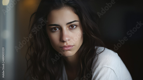 Portrait of a sad young woman. Copy space. Depression, loneliness, mental disturbance, problems.