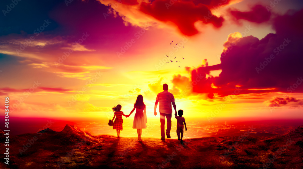 Man and two children walking on hill with sunset in the background.