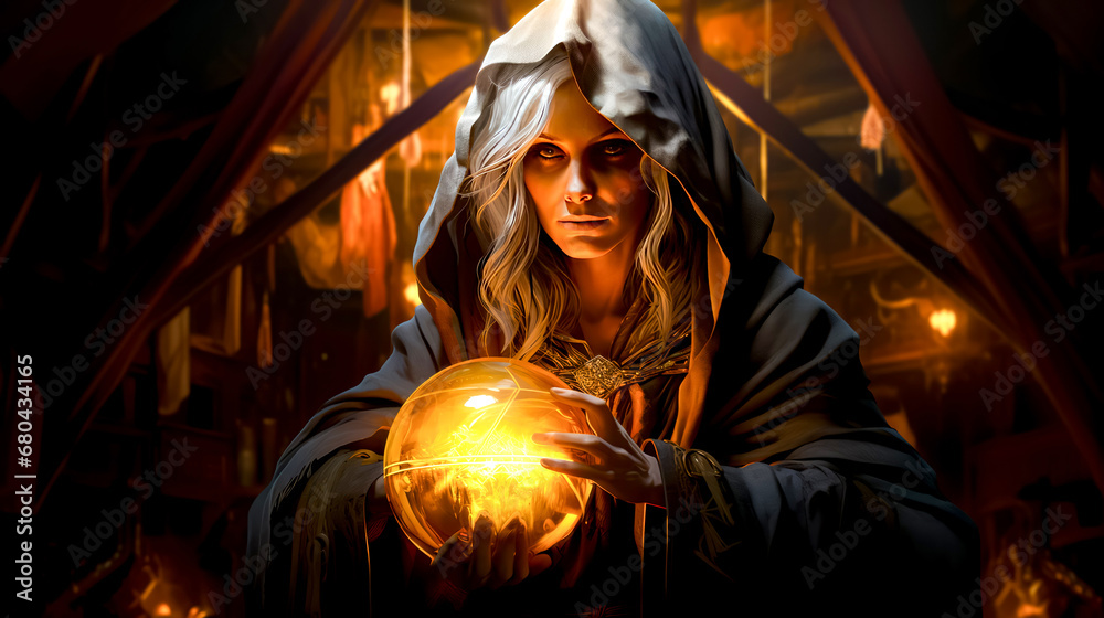 Painting of woman holding crystal ball with glowing orb in her hands.