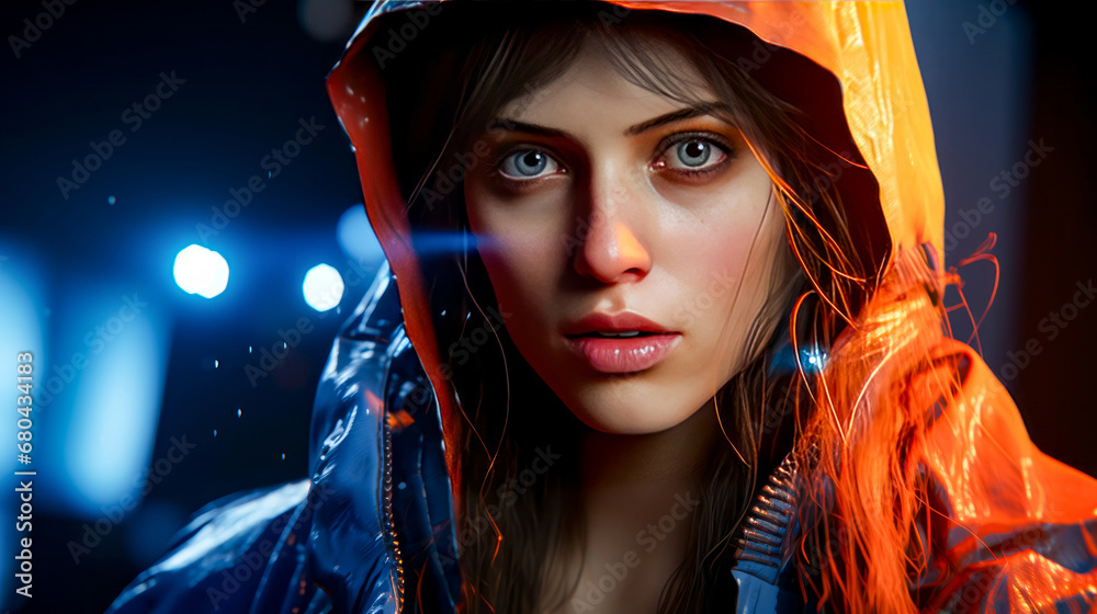 Woman in hooded jacket with bright light shining on her face. Woman in hooded jacket with bright light shining on her face.