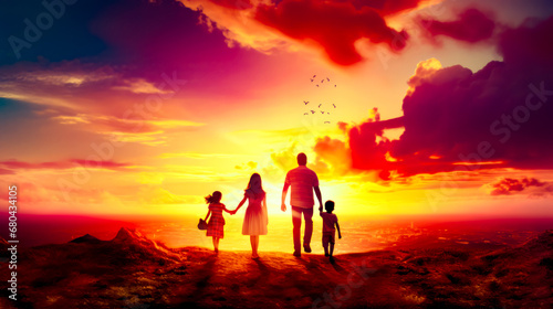 Man and two children walking on hill with sunset in the background.