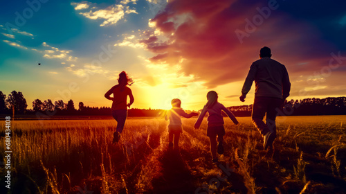 Group of people running through field with the sun setting in the background. © Констянтин Батыльчук