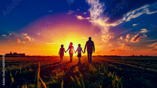 Group of people holding hands walking across field with the sun setting in the background.