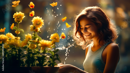 Beautiful young woman standing in front of vase filled with yellow flowers.