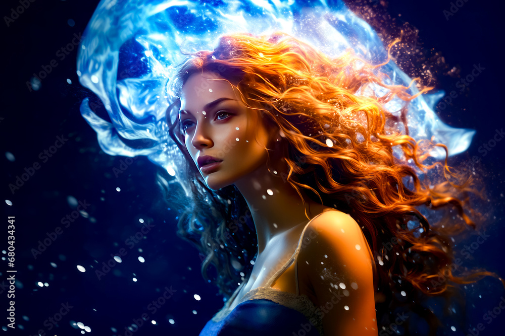 Woman with long red hair standing in front of blue and white background. Woman with long red hair standing in front of blue and white background.